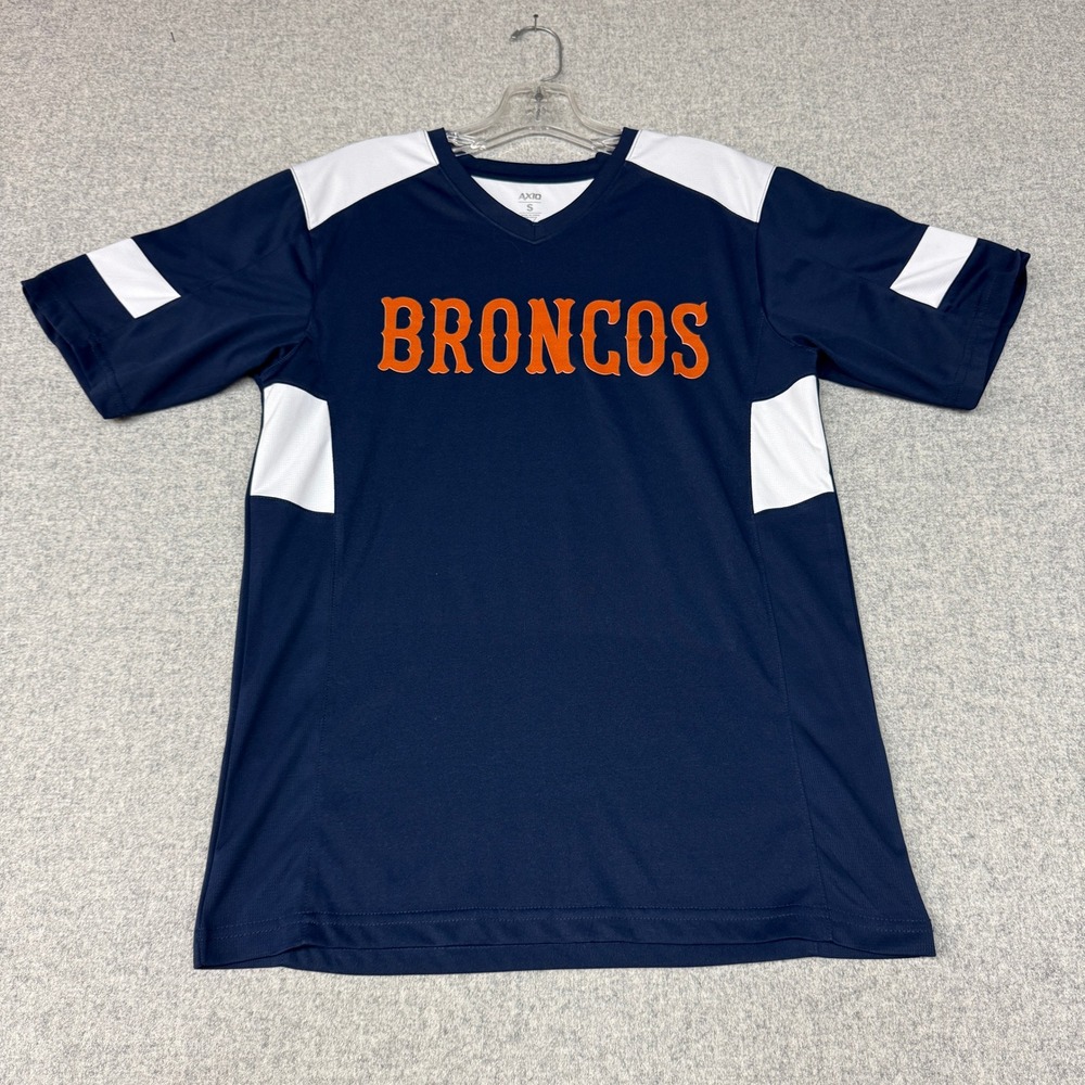 Axio Broncos Team Jersey Shirt Small Navy Blue White Orange V-Neck Athletic Top